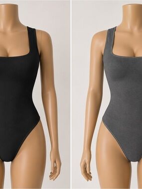 Ribbed Square-Neck Bodysuit - Black & Gray